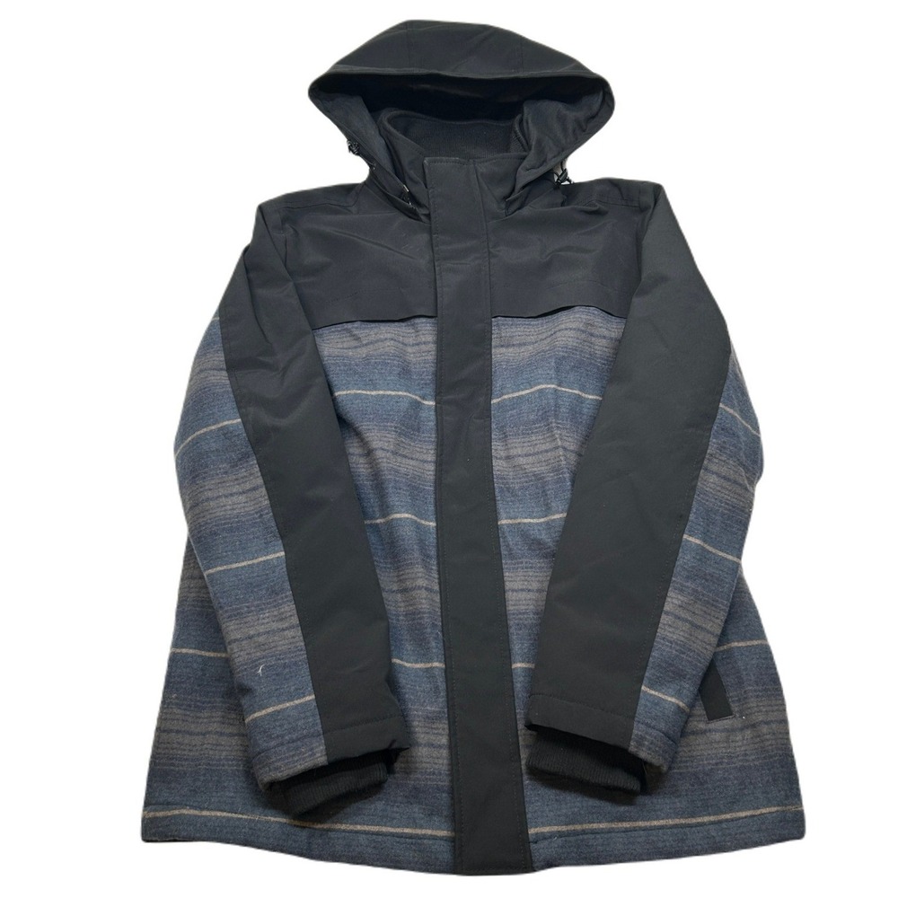 Pendleton‎ Hooded Softshell Jacket Mens Medium Black Blue Striped Wool Stretch